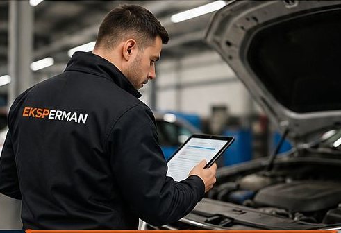 Eksperman ustası kaputu açık araçta inceleme yapıyor